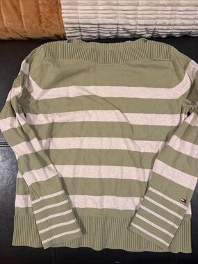 Tommy Hilfiger Olive Green & Cream Striped Crewneck Sweater